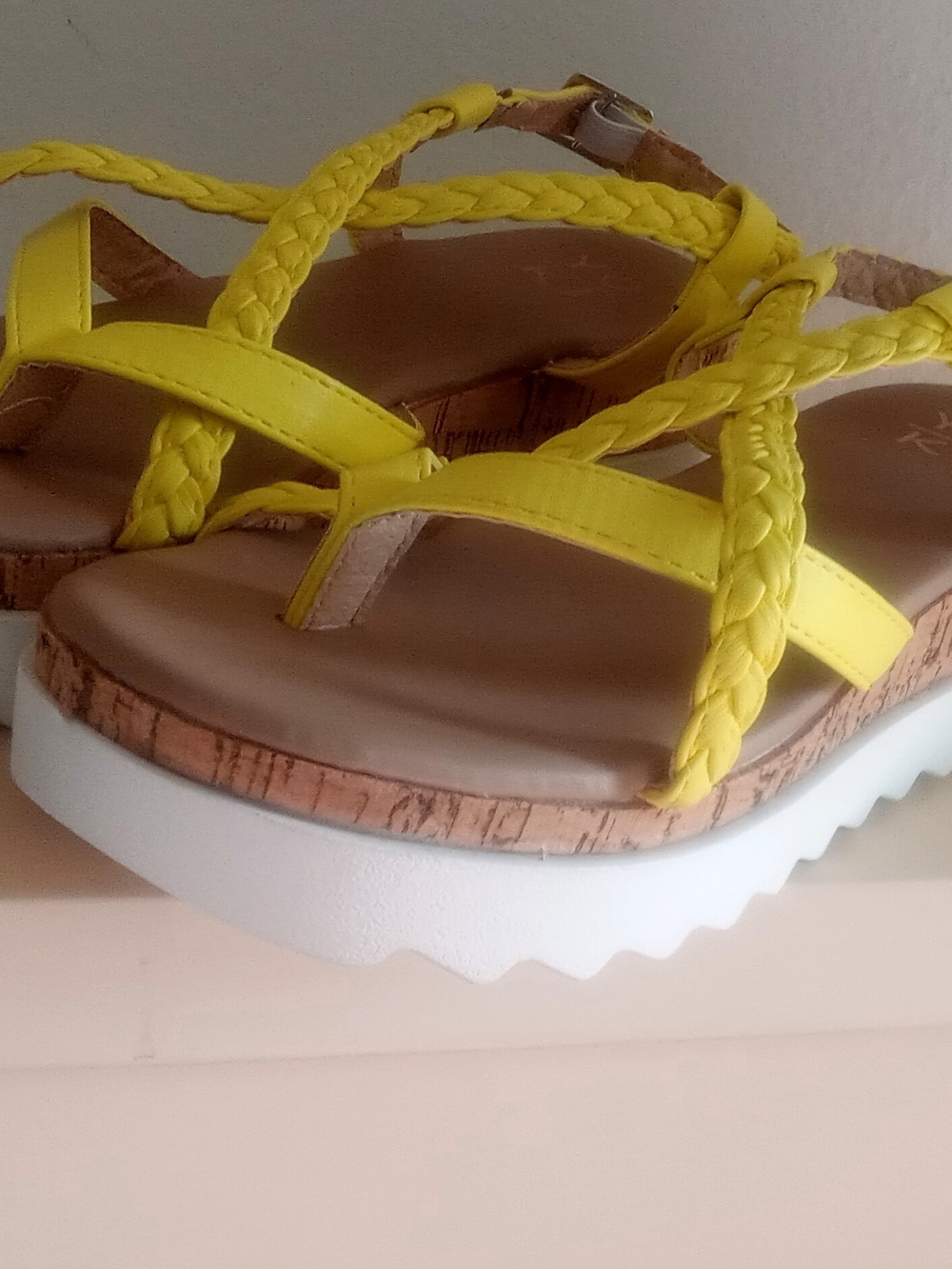 Yoki Yellow Braided Cork-Trim Platform Sandals